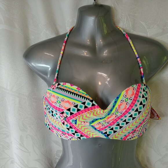 Op Swim Size 7-9 Medium Bikini Top Bandeau Striped String Halter Beach Neon - Picture 1 of 16